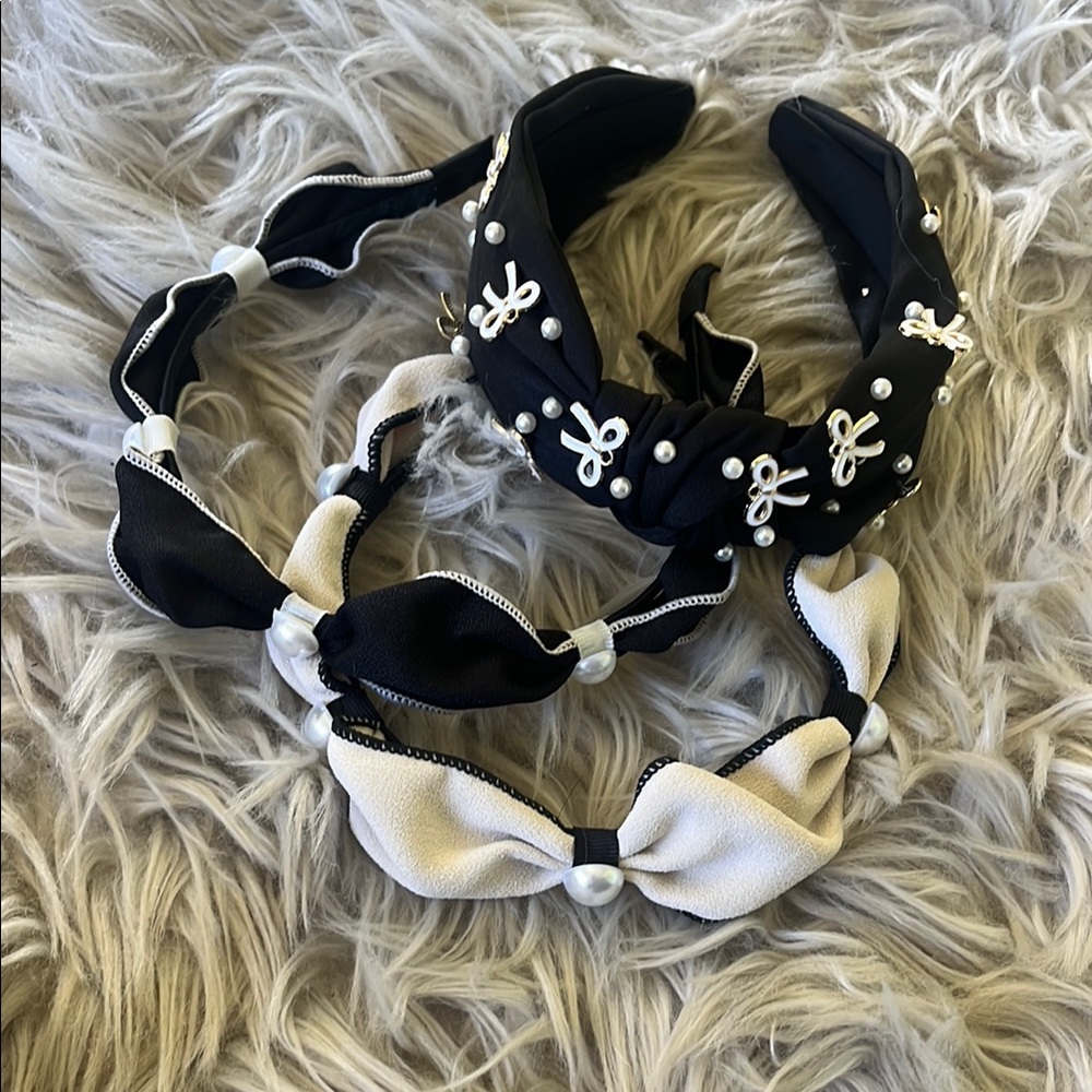 Elegant Black and White pearl bow Headband Set